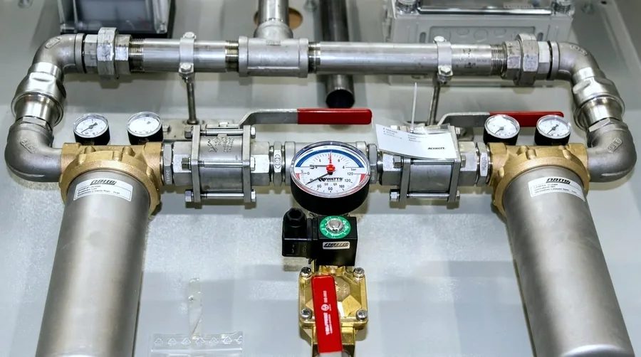 Vnaprej sestavljena enota iz krogelnih ventilov, filtrov in manometrov na montažni plošči